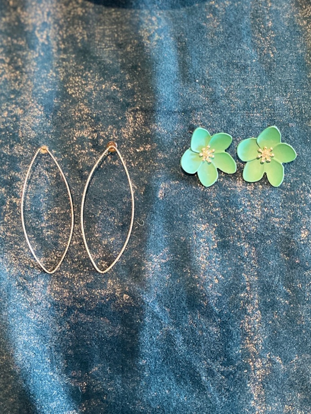 Green Flower Stud Earrings and Gold tone textured Hoop Dangles